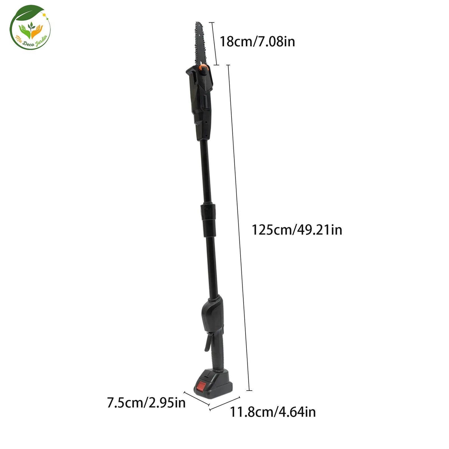 Mini tronçonneuse télescopique de 125 cm avec design compact, idéale pour le jardinage pratique et efficace