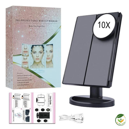 Miroir LED pliable avec support, fonctions de grossissement et éclairage, idéal pour le maquillage et les soins du visage