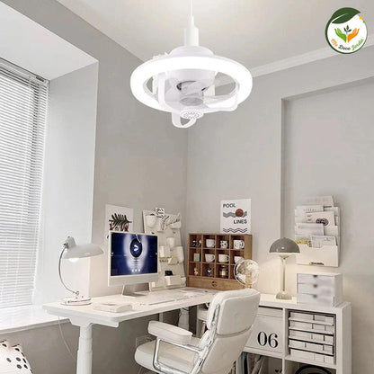 Plafonnier LED design blanc suspendu dans un bureau moderne, illuminant un espace de travail élégant et fonctionnel