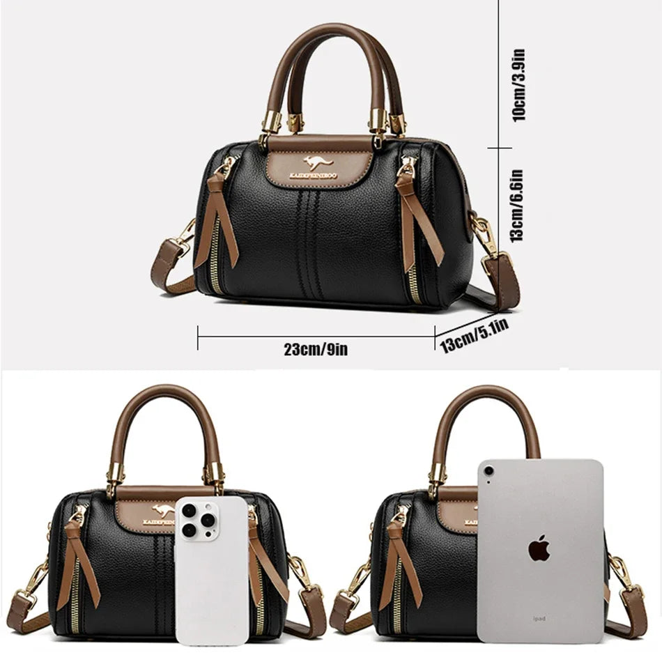 Sac femme style haut de gamme en cuir haut de gamme avec dimensions et accessoires présentés