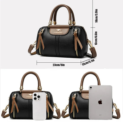 Sac femme style haut de gamme en cuir haut de gamme avec dimensions et accessoires présentés