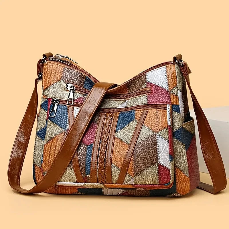 Sac bandoulière femme en cuir vintage avec motifs colorés et une bandoulière réglable, parfait pour un style décontracté