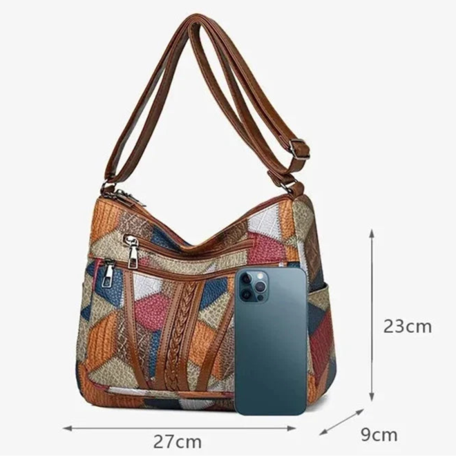 Sac bandoulière femme vintage en cuir avec motifs colorés, dimensions 27x23 cm, idéal pour un style unique et élégant