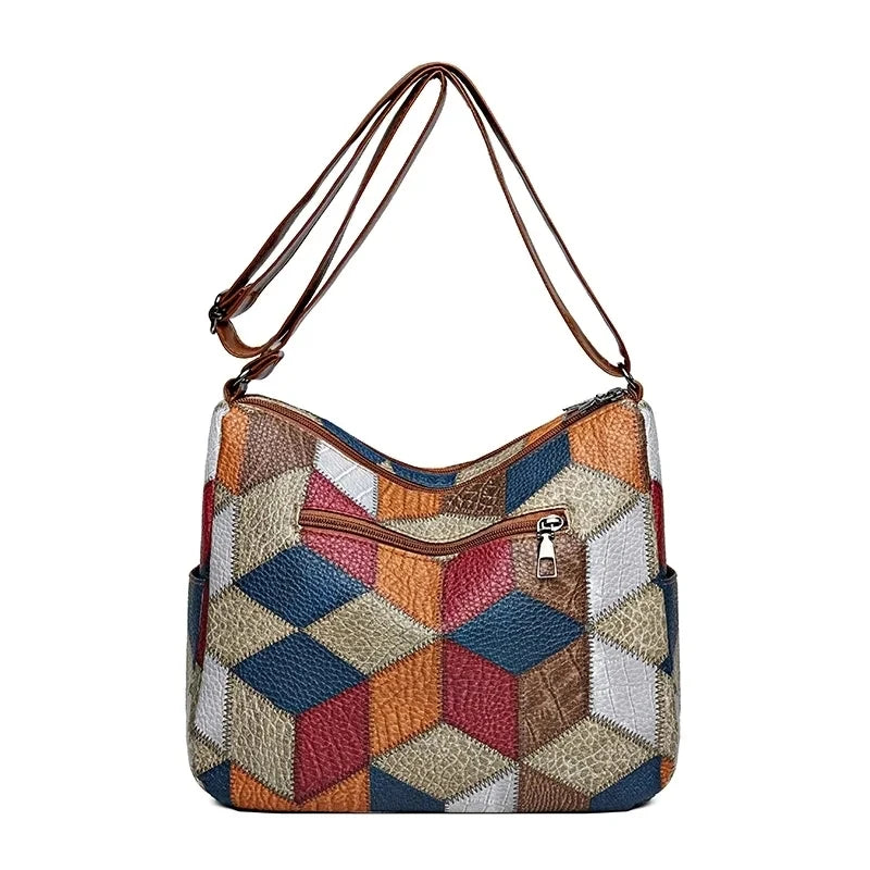 Sac bandoulière vintage pour femme en cuir avec motifs géométriques colorés et une bandoulière ajustable