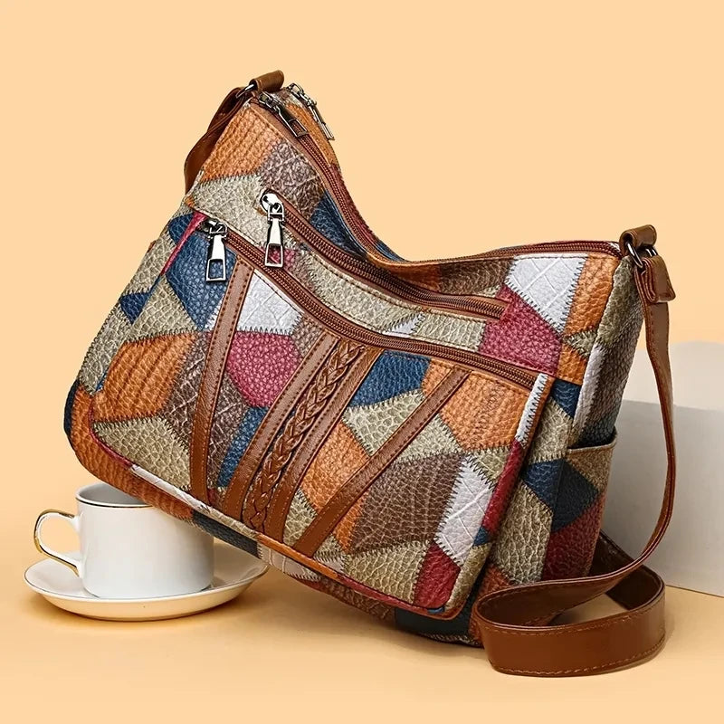 Sac bandoulière femme vintage en cuir, motifs géométriques colorés avec une bandoulière réglable pour un style élégant