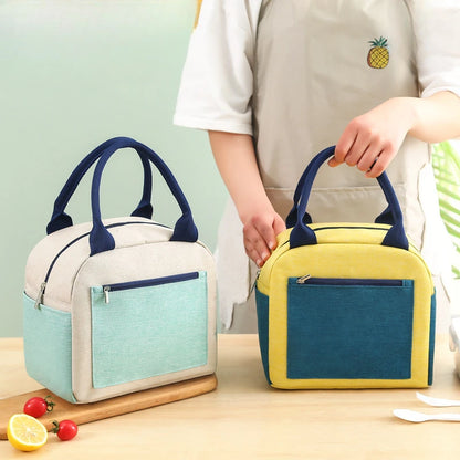 Sac isotherme enfants avec deux compartiments, disponible en beige et jaune, idéal pour les repas à emporter