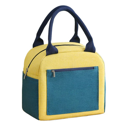 Sac isotherme enfants de couleur jaune et verte avec poignées, idéal pour le déjeuner scolaire