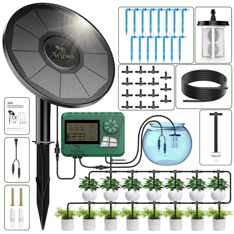 Système d'irrigation automatique jardin Trijzwa avec panneau solaire, tuyaux, gouteurs et programmateur pour un arrosage efficace