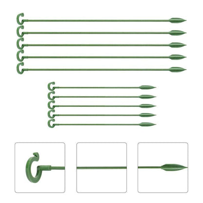 Supports de plantes en plastique verts, en différentes tailles, idéaux pour soutenir vos plantes en toute sécurité dans le jardin.